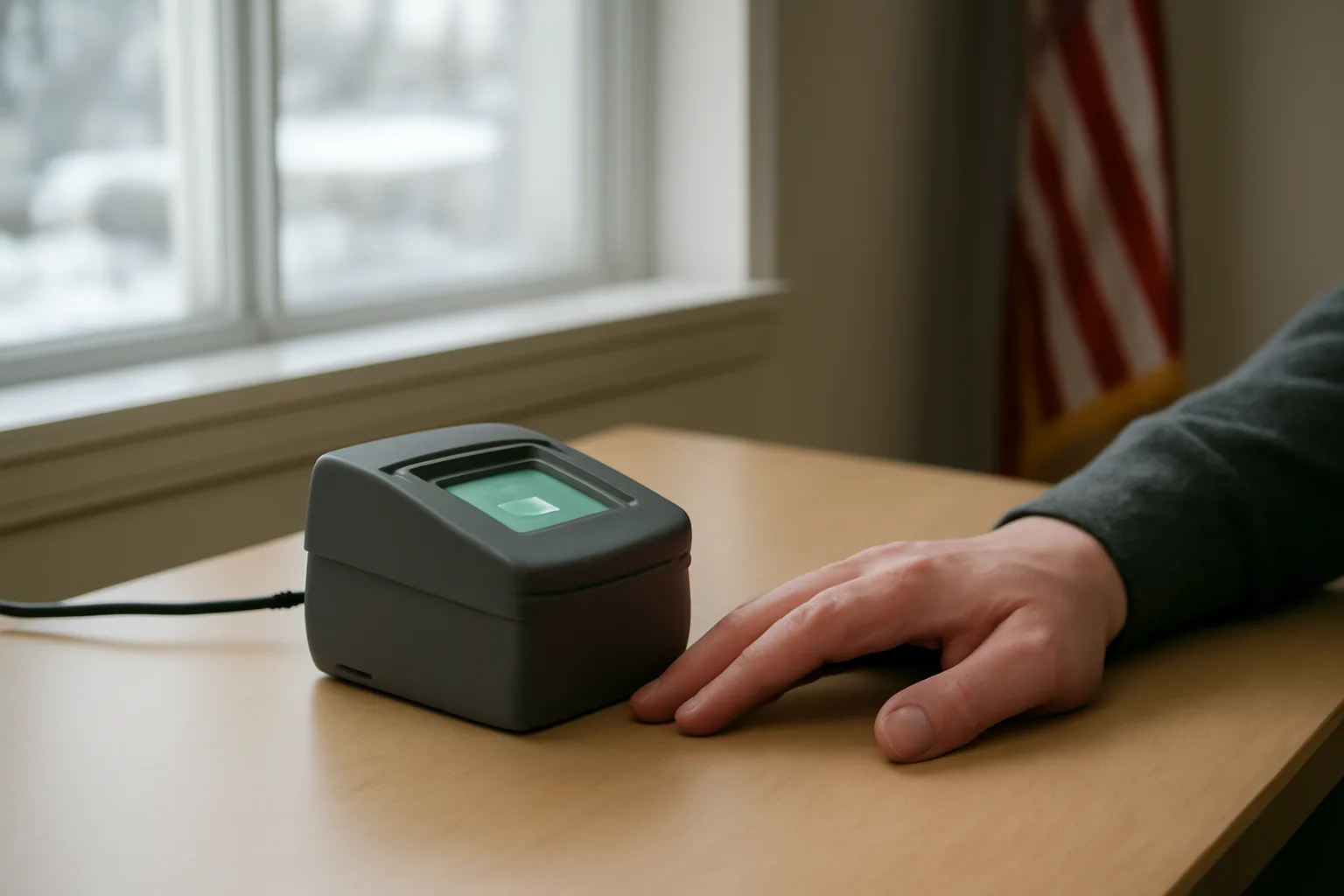 Live-scan fingerprint machine in a Colorado office with winter daylight