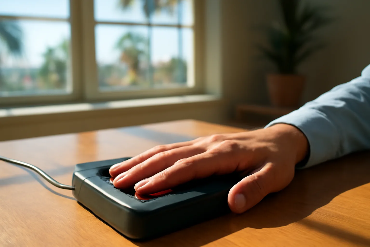 Live scan technician fingerprinting in California office, natural light, no text.