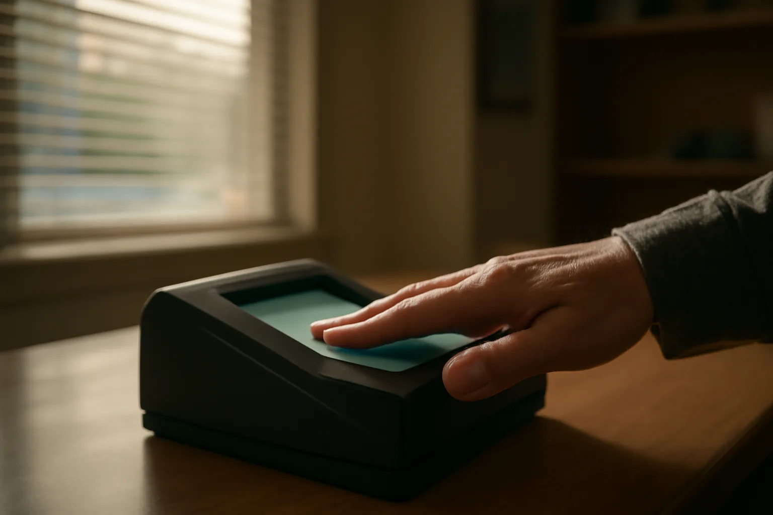 A hand on a live-scan scanner in a Connecticut fingerprinting office