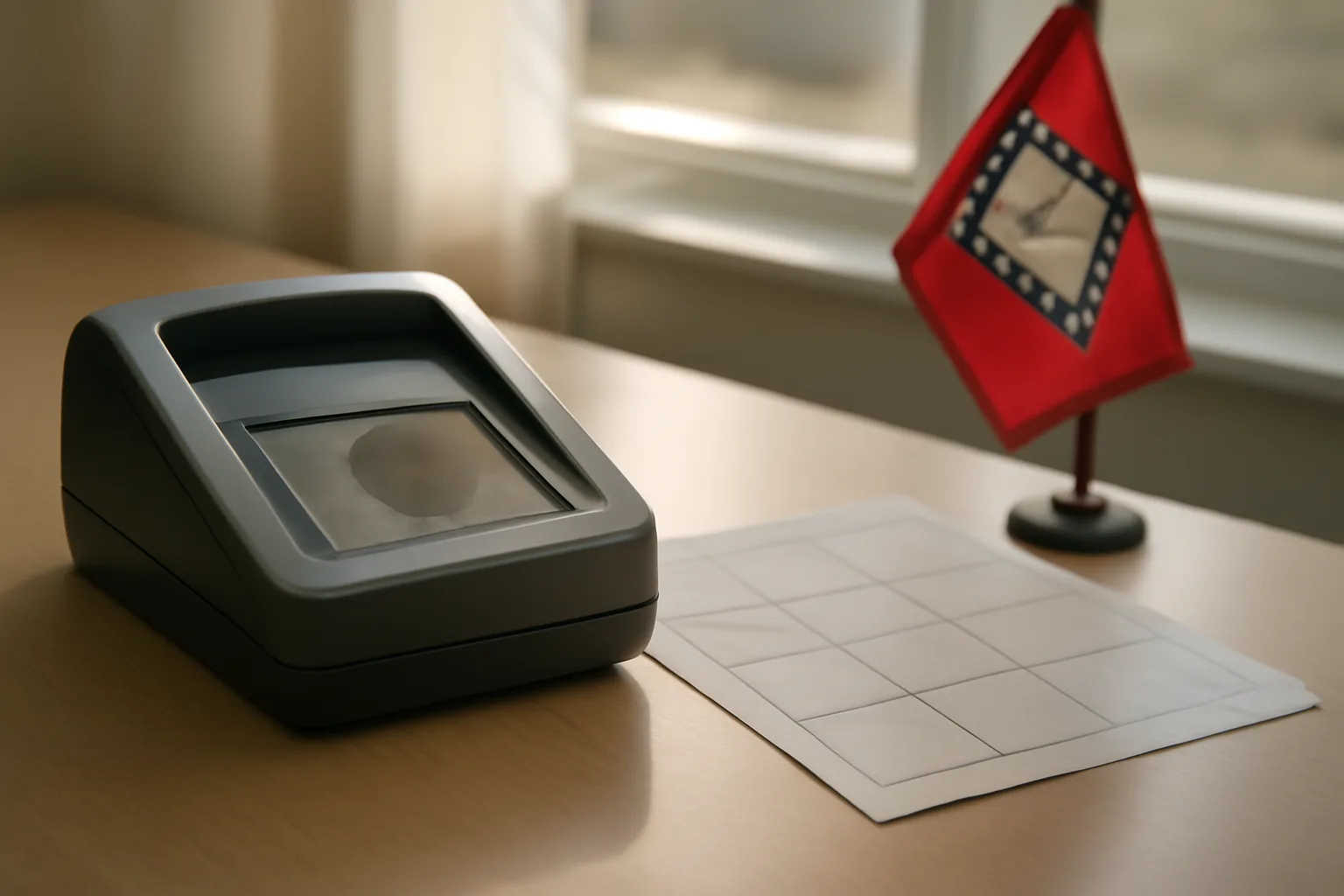 Live-scan fingerprint machine on a desk with Arkansas state flag and forms.