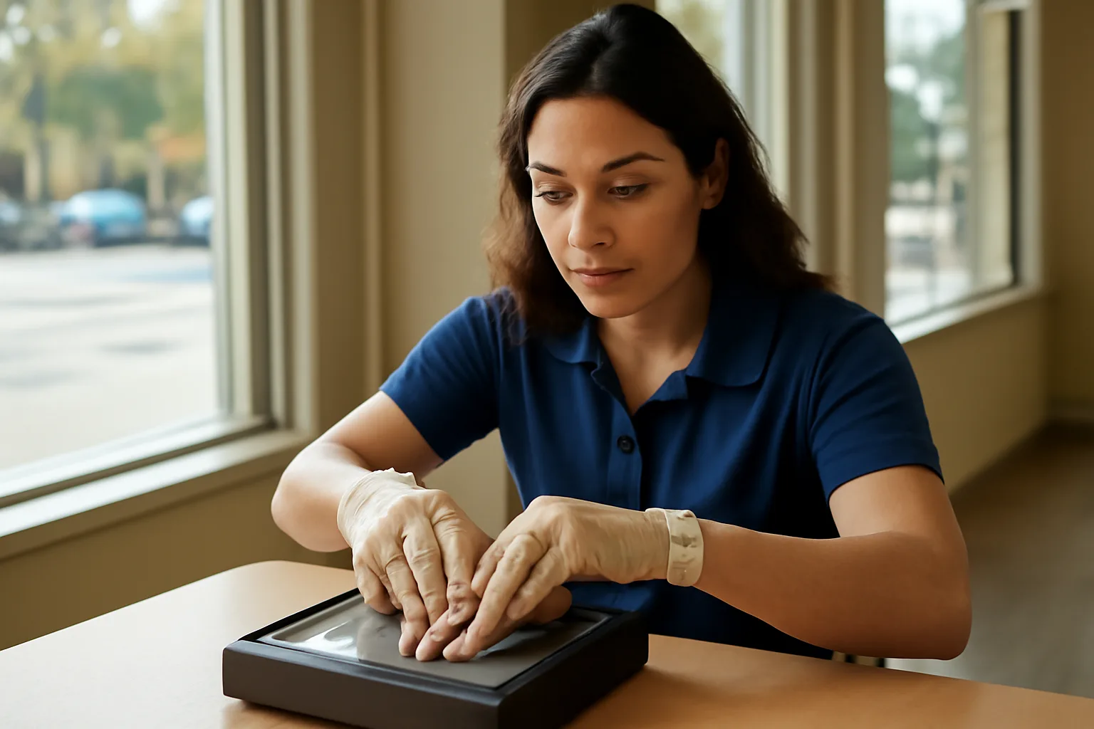 Live scan technician rolls a fingerprint on a scanner in California