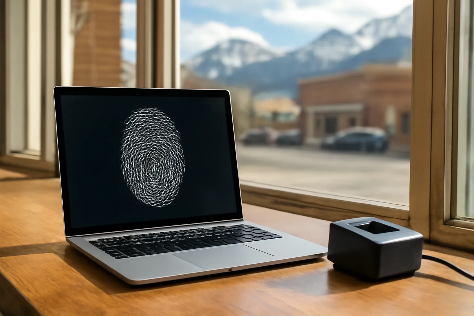 live-scan technician workspace in Colorado with fingerprint scanner and laptop