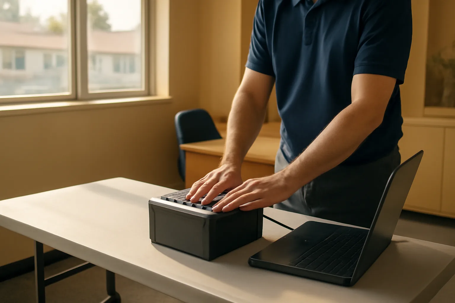 Mobile live-scan technician equipment setup in a California school office