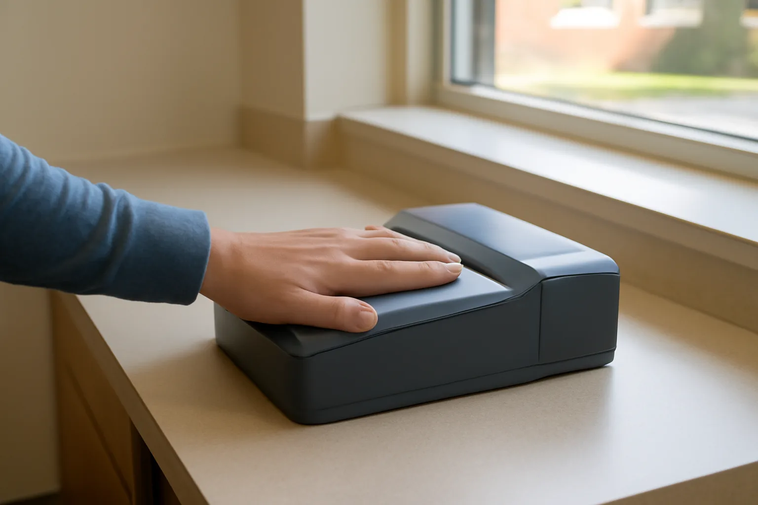 Live-scan fingerprint machine in a Connecticut office setting, hand on scanner platen