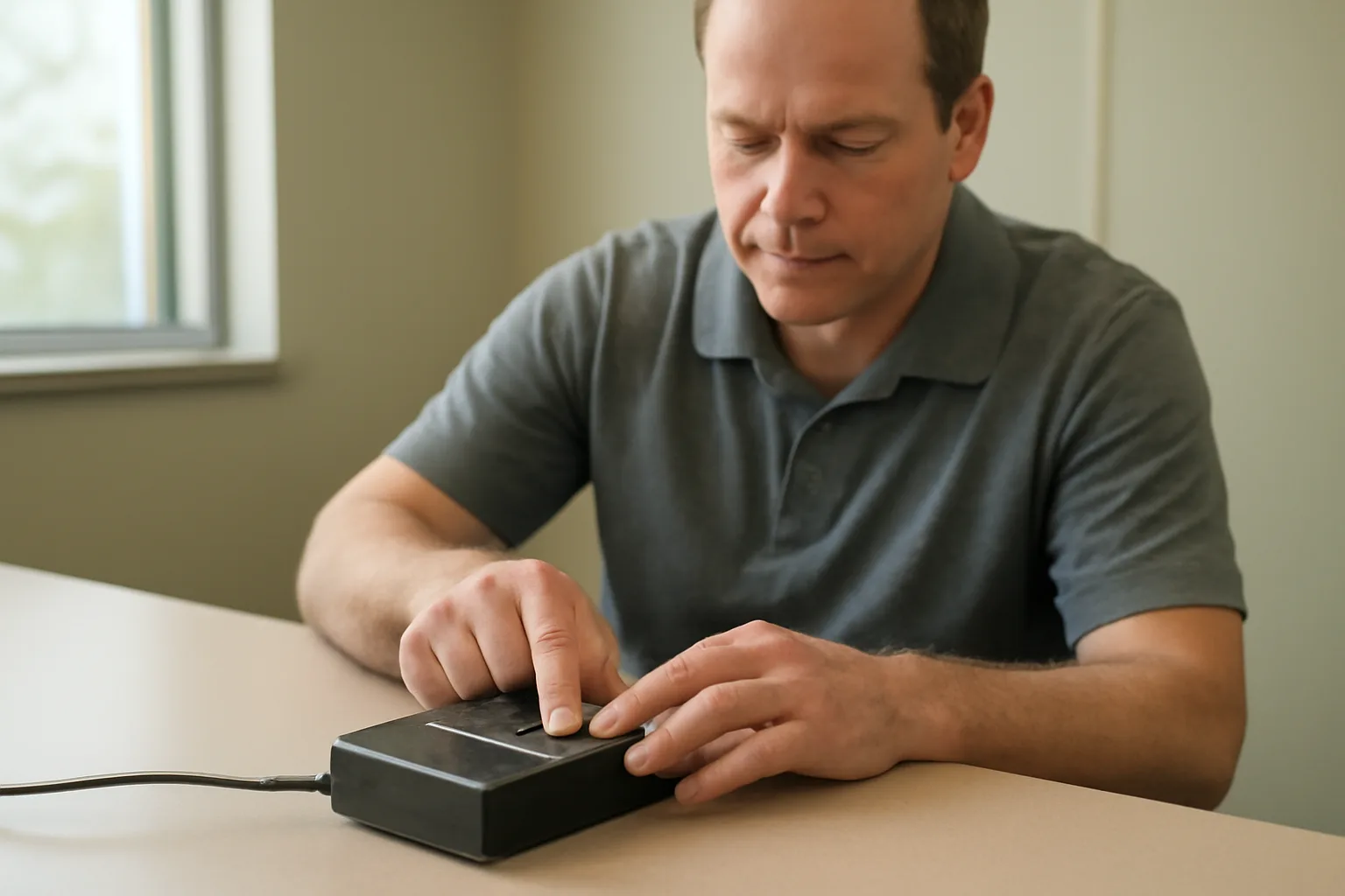 Live-scan technician in Arkansas fingerprinting a client at a plain office desk.