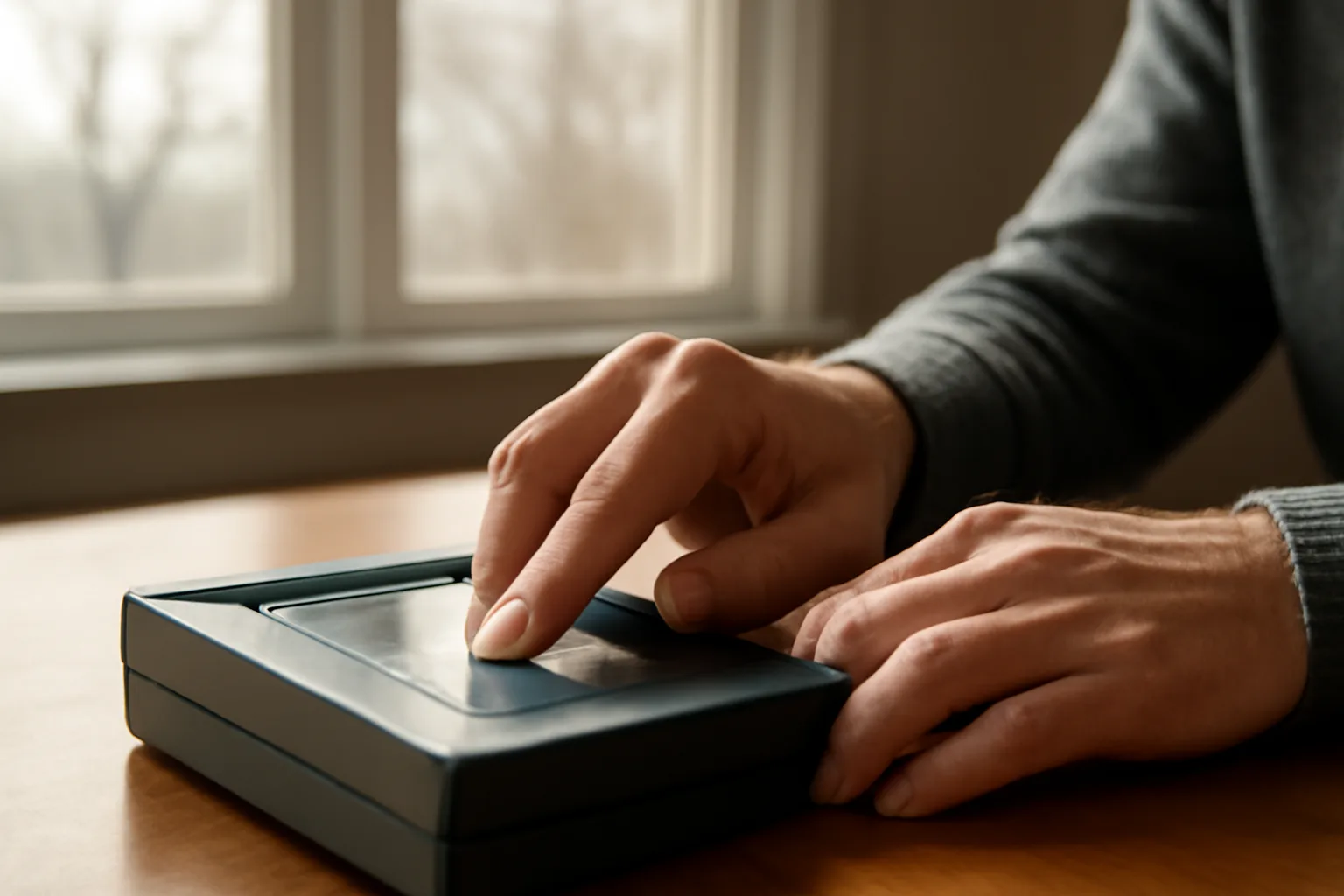 Hands placing a finger on a live-scan fingerprint scanner in a Connecticut office