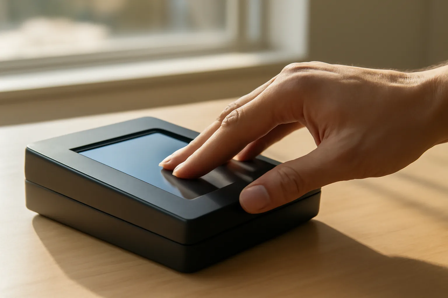 a live-scan fingerprint machine on a desk in a california office with a hand rolling fingerprints across the glass scanner surface